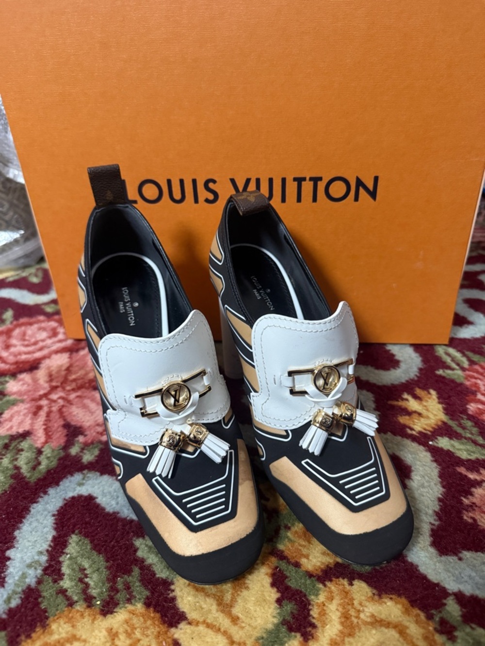 Louis Vuitton Swift Line Black, White & Tan Tassel Accent Slip-On Heels Booties